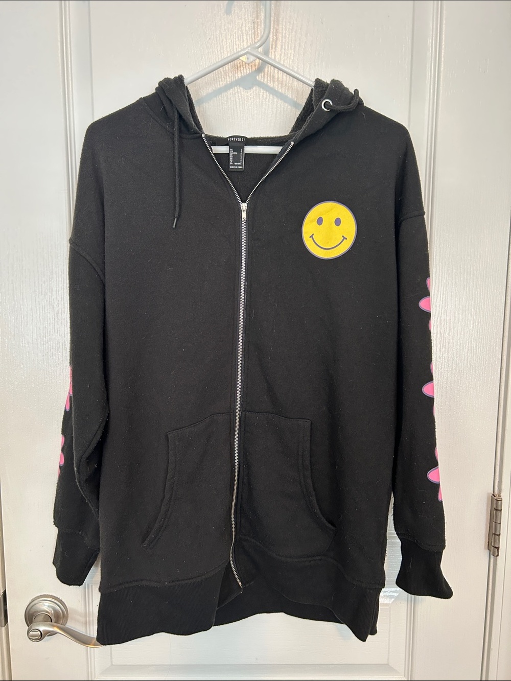 Forever 21 Black Zip-Up Oversized Hoodie with smiley face and flower Accents